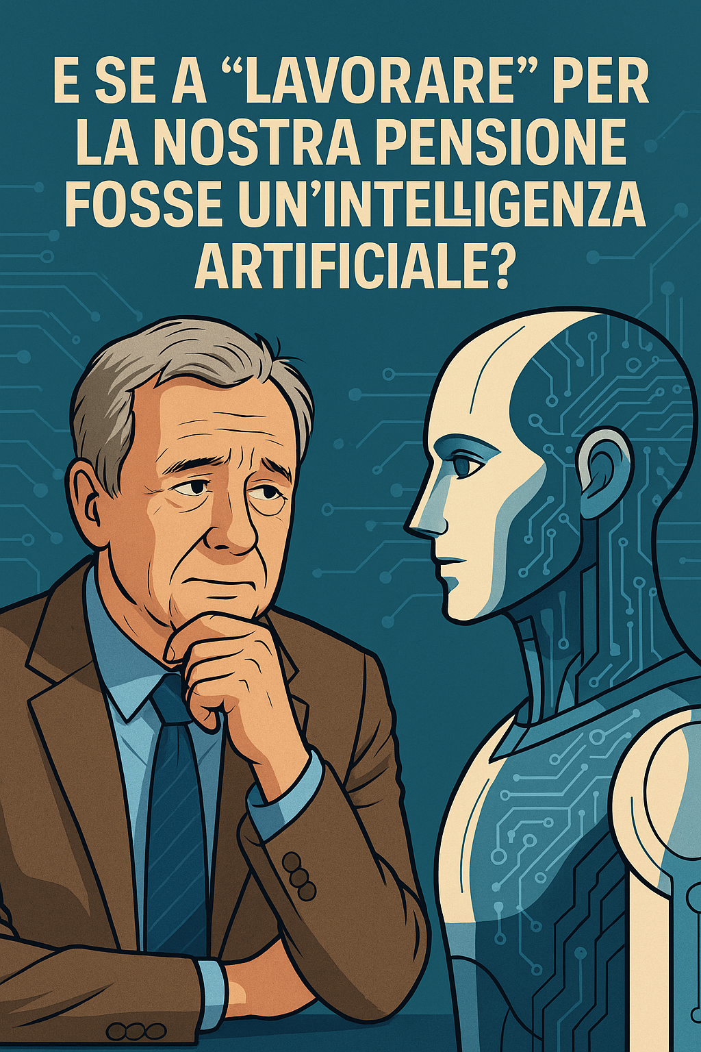 Uomo anziano prossimo alla pensione e robot umanoide