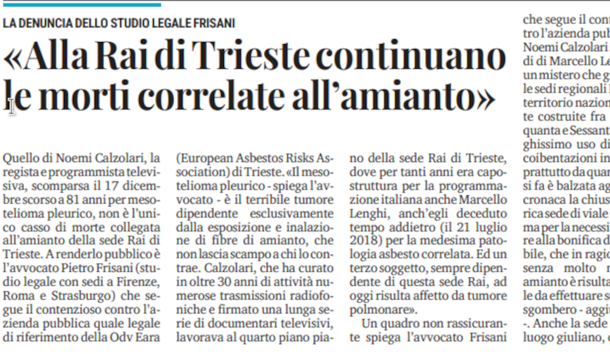 Alla Rai di Trieste continuanole morti correlate all’amianto