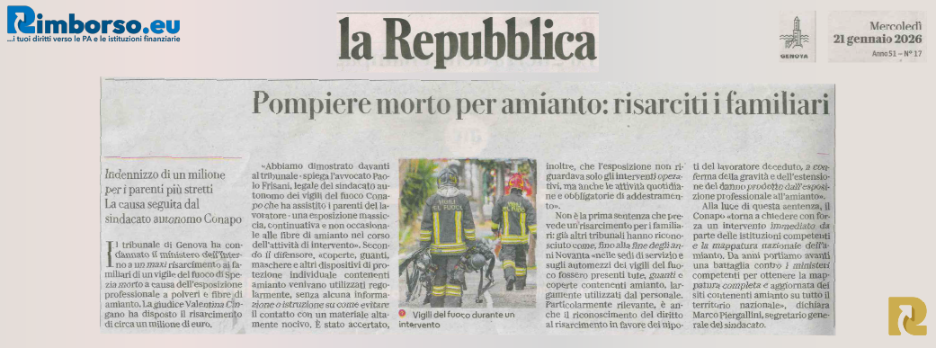Articolo La Repubblica del 21 gennaio 2026, risarcimento amianto pompiere